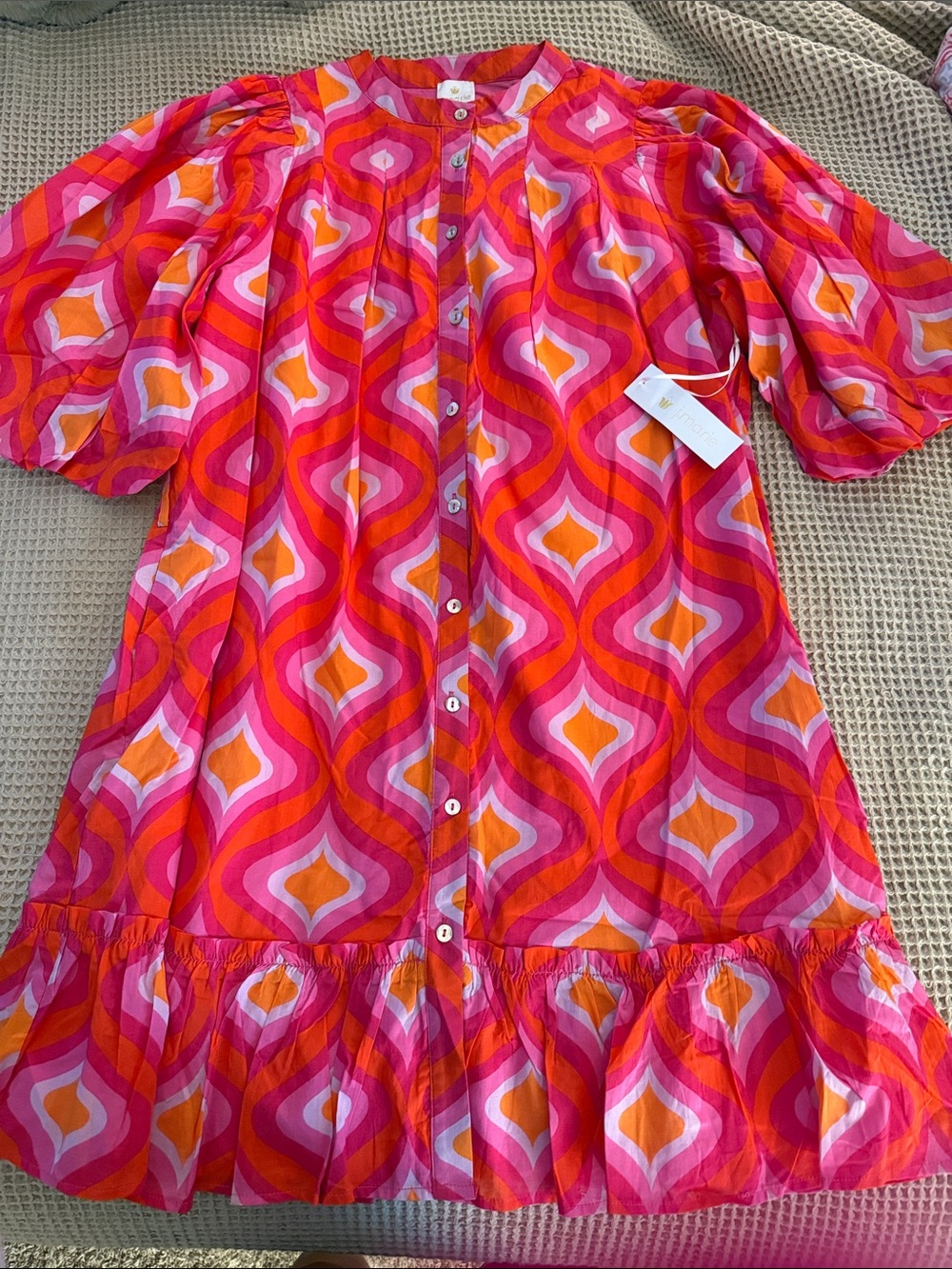 Vibrant Pink & Orange Retro Print Button-Front Dress